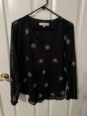LOFT Navy Blue Sheer Floral V-Neck Blouse M